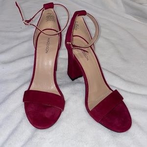 Maddison burgundy block heels open toe.